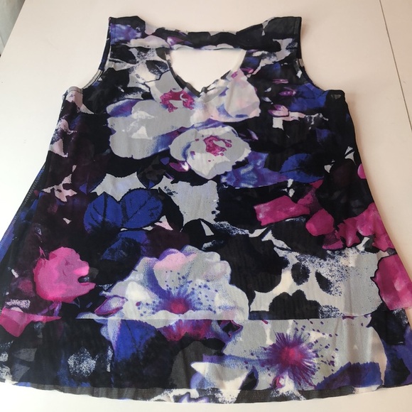 INC Floral Sheer Layered Top - Purple Blue Black Cutout Back Women's Medium - Picture 8 of 16